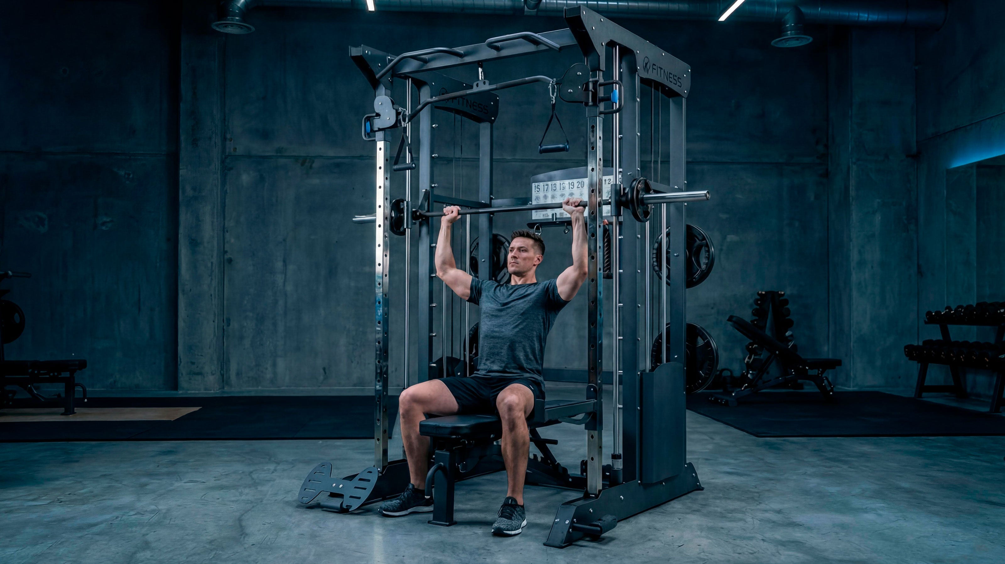 Un hombre realiza press de banca en una multiestación Smith all-in-one.