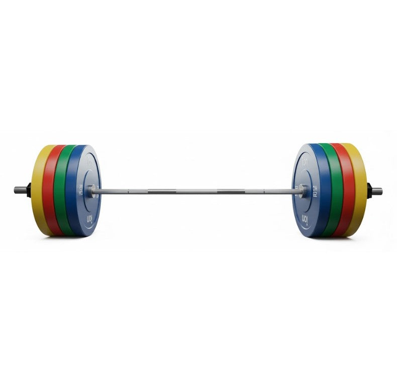 Set de Discos Olímpicos Bumper Color Line + Barra Olímpica 220 cm + Cierres ION fitness