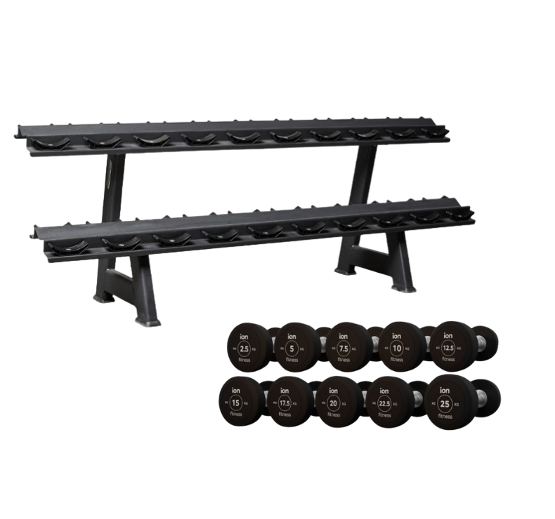 Set de 20 Mancuernas Redondas de Caucho 2,5-25 Kg + Soporte 2 Alturas ION fitness