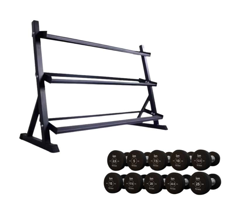 Set de 20 Mancuernas Redondas de Caucho 2,5-25 Kg + Soporte 3 Alturas ION fitness