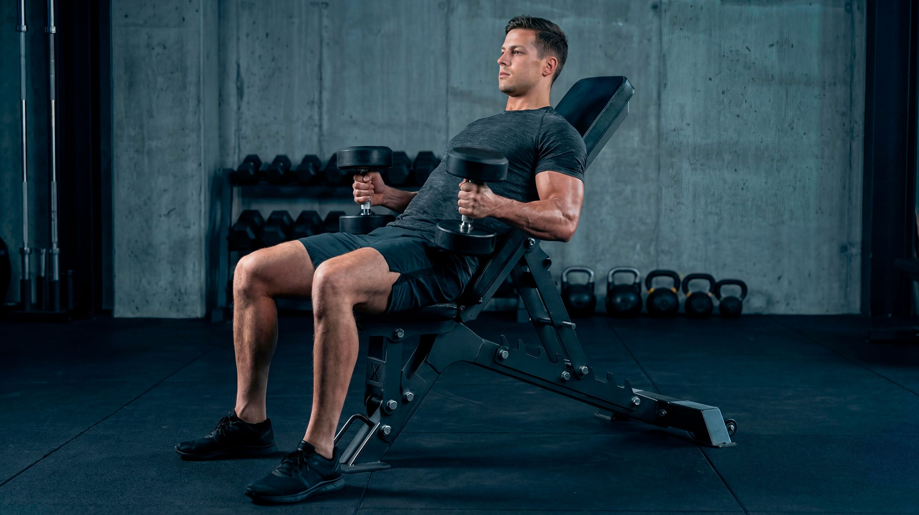 Un hombre joven musculado esta sentado sobre un banco de entrenamiento inclinado en 45º mientras sostiene una mancuerna en cada mano, con los brazos en tensión por el peso de las mismas.