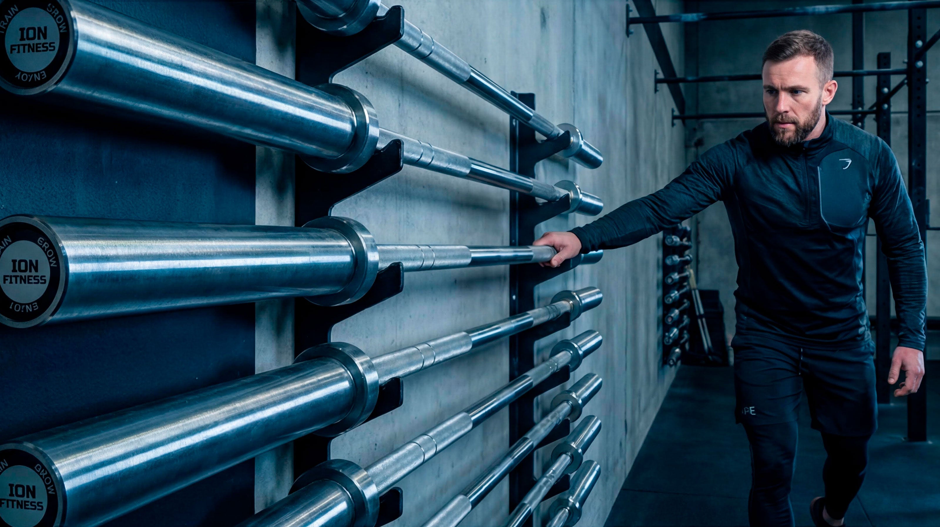 Varias barras para pesas de acero alineadas horizontalmente sobre una pared. Se puede ver el detalle de la marca "ION Fitness" en los laterales de las barras. Un hombre pasa la mano por una de las barras.