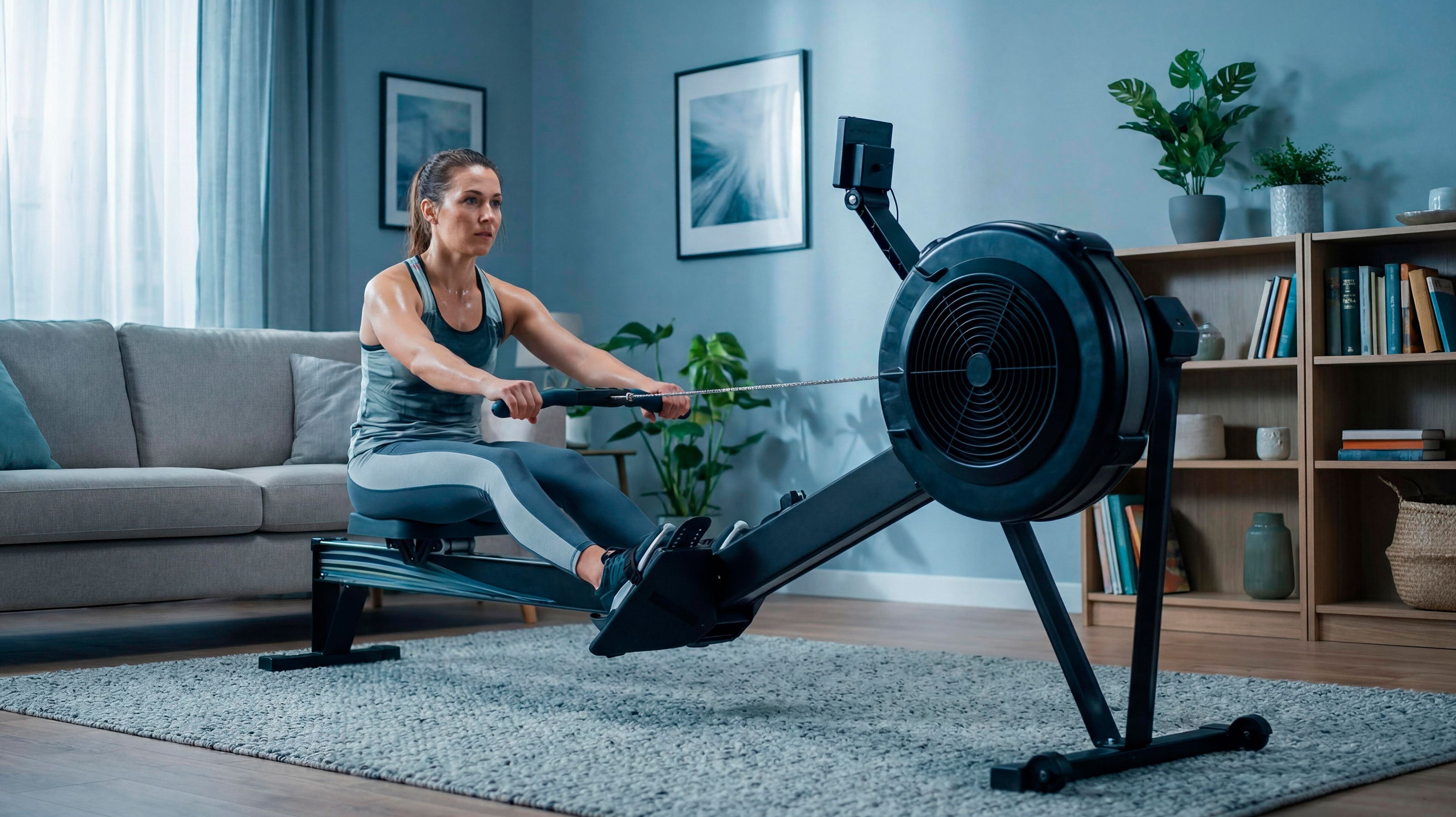 Mujer utilizando el remo ION Fitness en el salón de su casa. La piel visible brilla por el sudor del ejercicio, con un rostro que muestra cansancio. El remo esta sobre la alfombra, frente al sofá  y al fondo se ve una estantería y una planta.