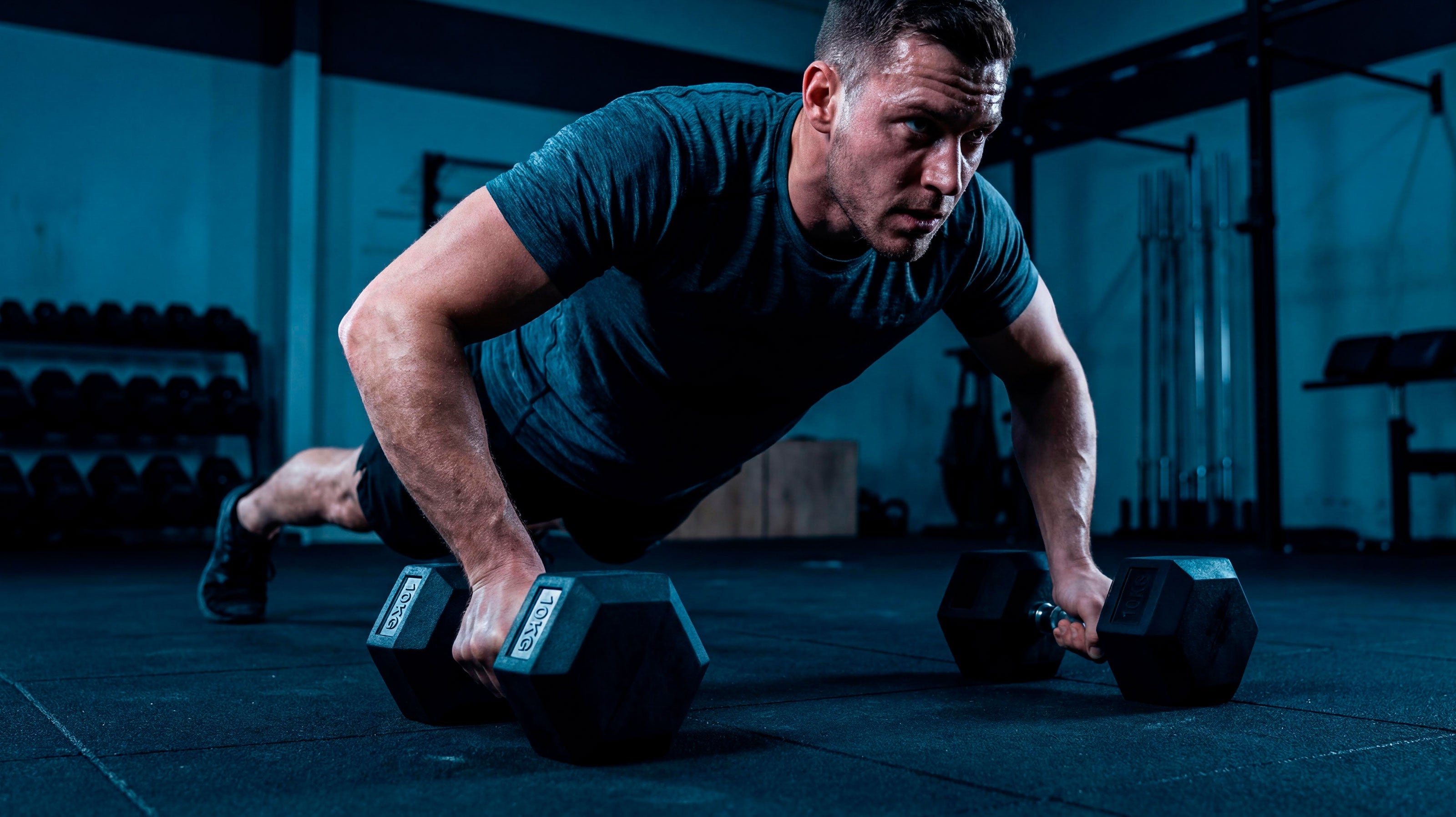 Un hombre con rostro concentrado hace flexiones, con sus manos en dos mancuernas. El suelo es técnico y puede verse un mancuernero y varias máquinas de musculación detrás. 