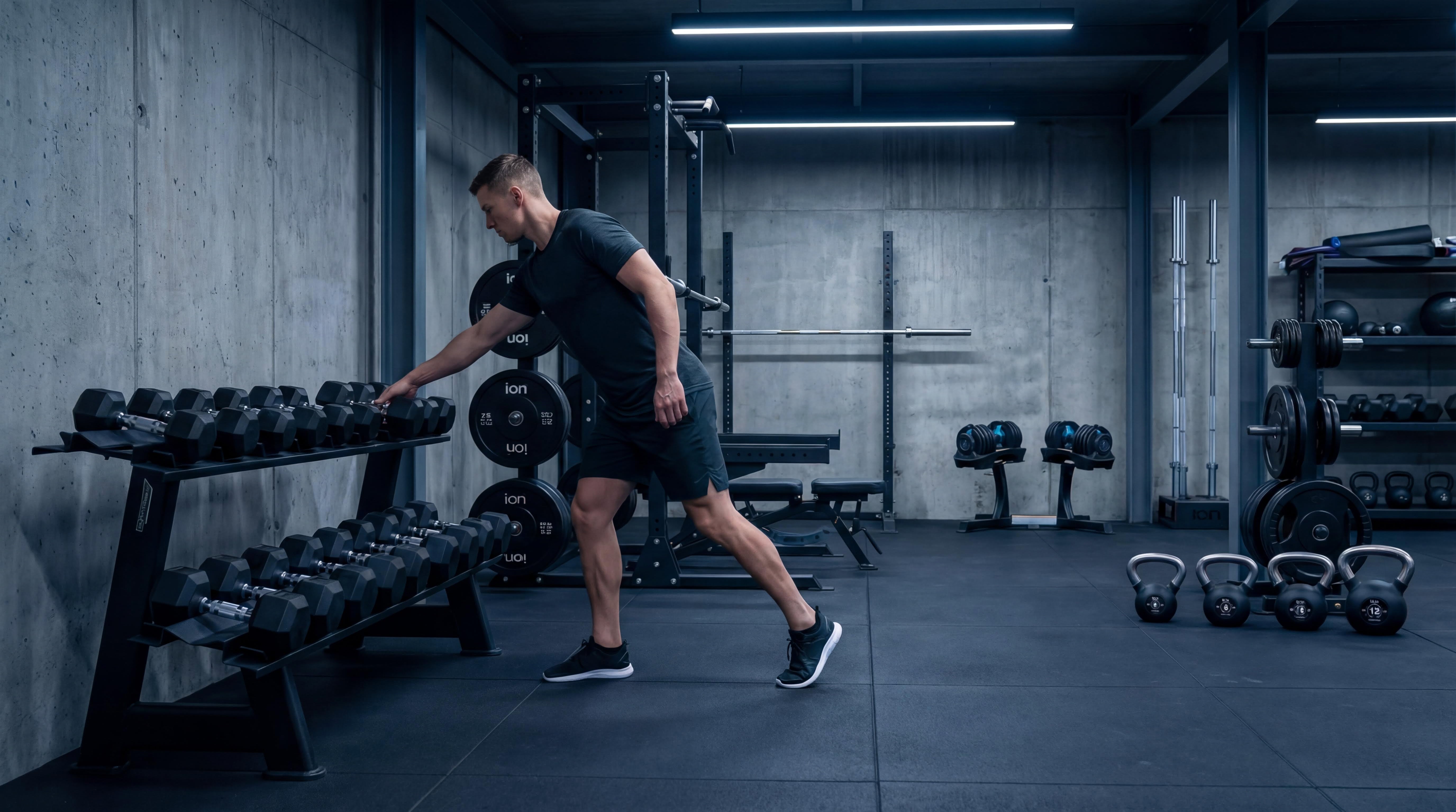 Un hombre camina hacia un mancuernero y agarra una mancuerna. La sala es un gimnasio con suelo técnico y equipado con material diverso para entrenar la fuerza. 