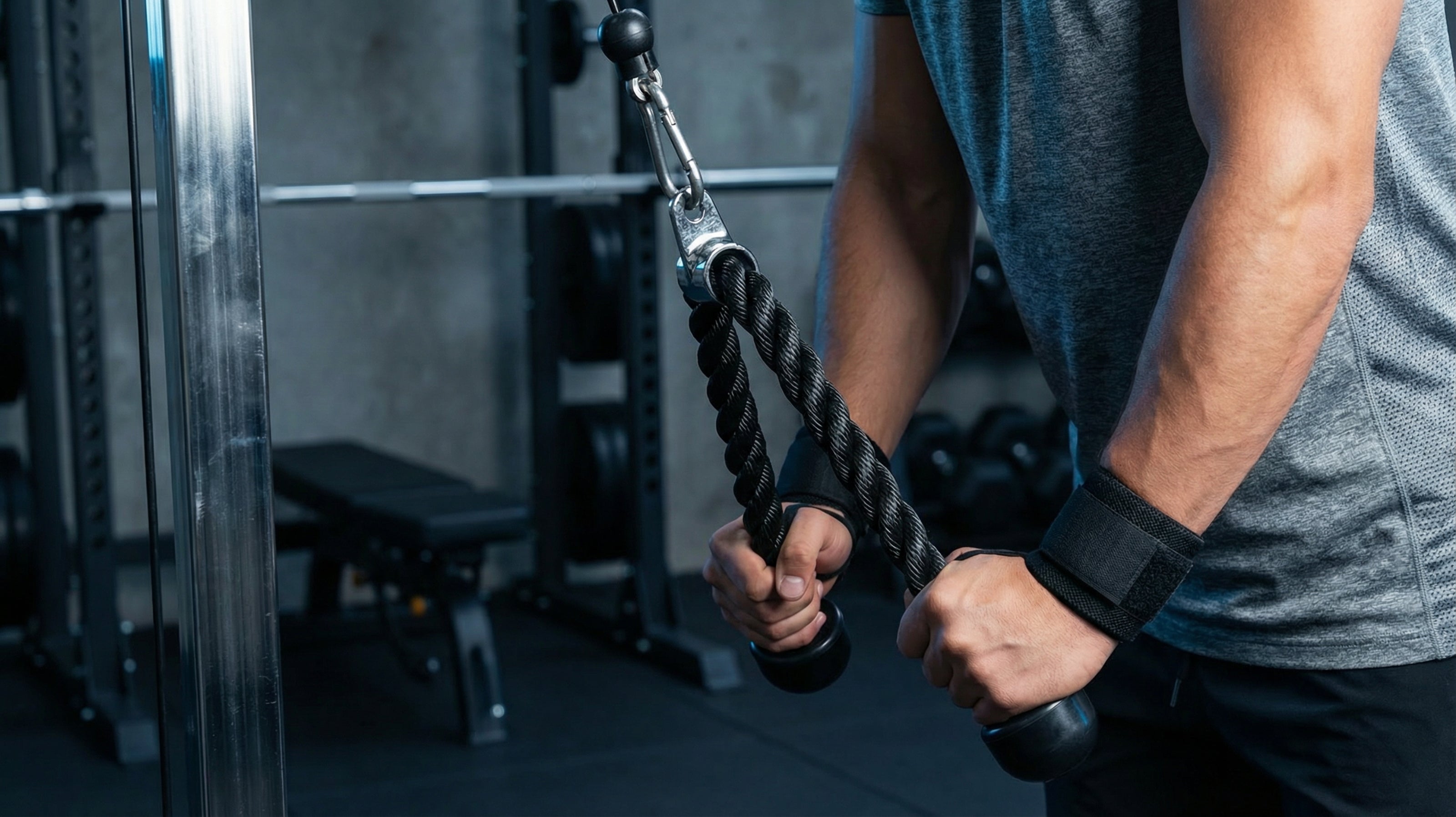 Un hombre tirando de unos manerales hacia abajo en un ejercicio de musculación. Se intuye que fuera de plano esta unida a una máquina de musculación tipo jaula. De fondo se puede ver un banco y un mancuernero.