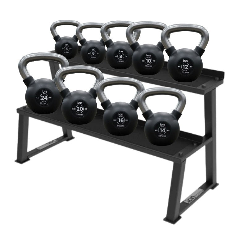 Set de 9 Kettlebells Recubiertas de Goma de 4-24 Kg + Rack ION fitness