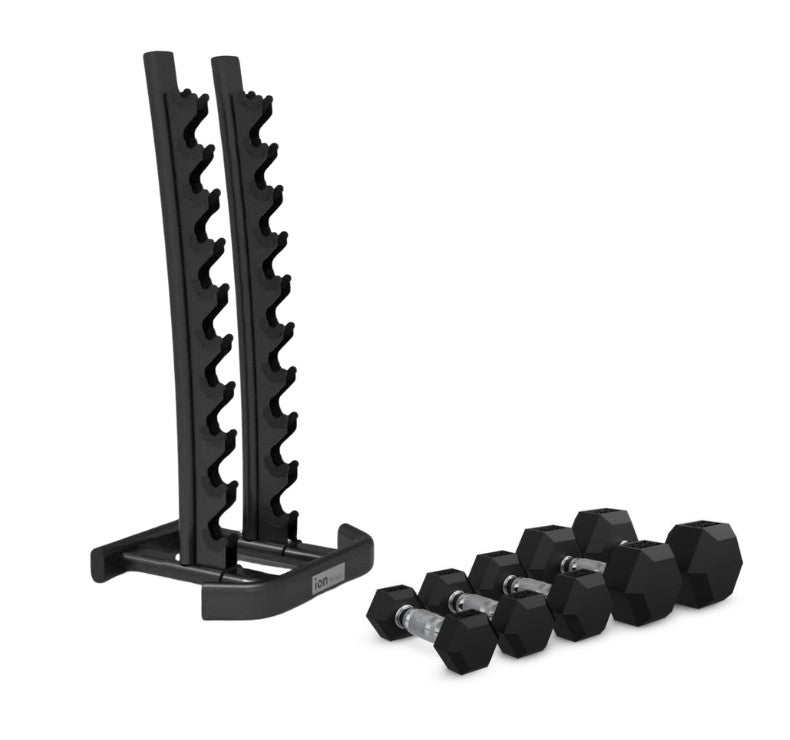 Set de 20 Mancuernas Hexagonales + Soporte Vertical ION fitness 1-10 kg